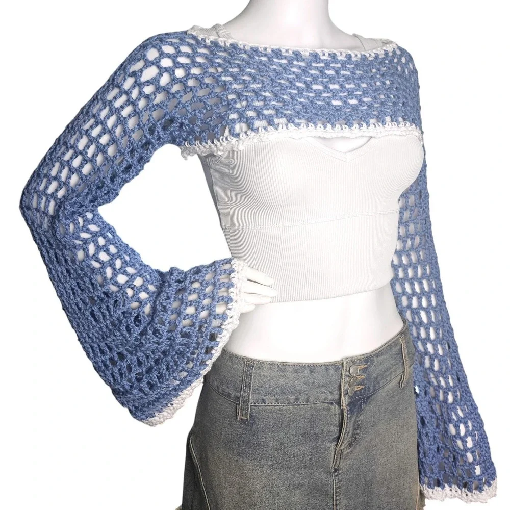 Handmade‎ Crochet Fairycore Shrug | Women | Blue | SM-MED | Boho | Bell Sleeve